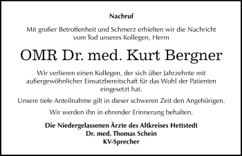 Traueranzeige von Kurt Bergner von Mitteldeutsche Zeitung Mansfelder Land