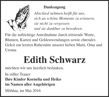 Traueranzeige von Edith Schwarz von WVG - Wochenspiegel Wittenberg