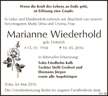 Traueranzeige von Marianne Wiederhold von Super Sonntag Zeitz
