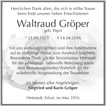Traueranzeige von Waltraud Gröper von Super Sonntag SGH Mansf. Land