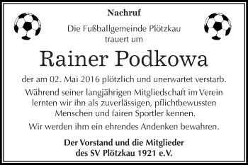Traueranzeige von Rainer Podkowa von Super Sonntag Bernburg