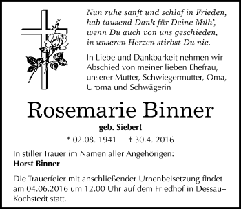 Traueranzeige von Rosemarie Binner von Mitteldeutsche Zeitung Dessau-Roßlau