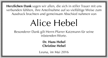 Traueranzeige von Alice Hebel von Mitteldeutsche Zeitung Merseburg/Querfurt