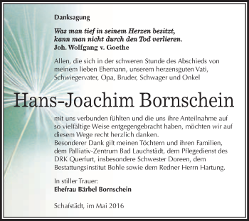 Traueranzeige von Hans-Joachim Bornschein von WVG - Wochenspiegel Merseburg