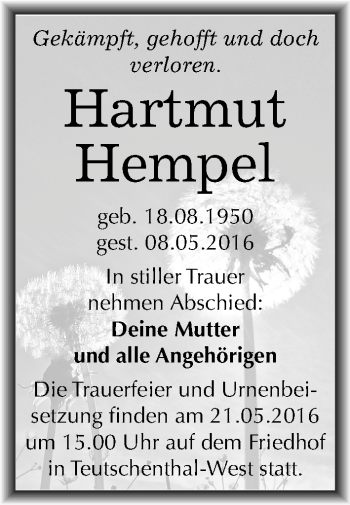 Traueranzeige von Hartmut Hempel von Mitteldeutsche Zeitung Halle/Saalkreis