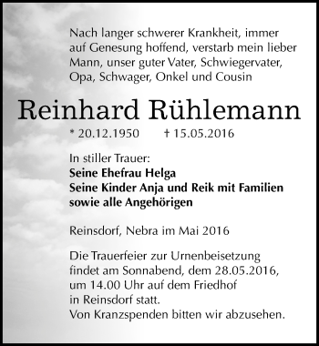 Traueranzeige von Reinhard Rühlemann von Mitteldeutsche Zeitung Naumburg/Nebra
