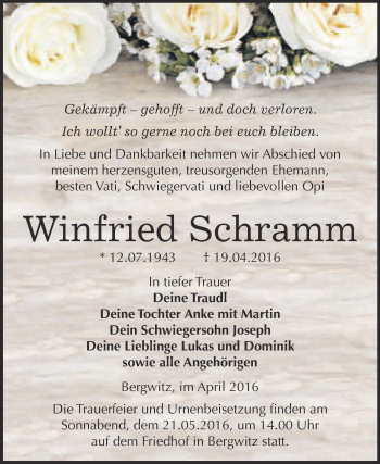 Traueranzeige von Winfried Schramm von WVG - Wochenspiegel Wittenberg