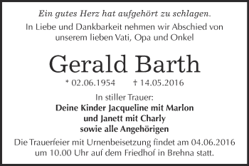 Traueranzeige von Gerald Barth von WVG - Wochenspiegel Bitterfeld