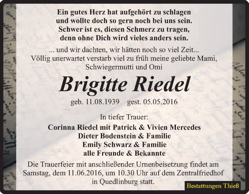  Traueranzeige für Brigitte Riedel vom 14.05.2016 aus Super Sonntag Quedlinburg