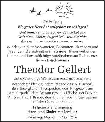 Traueranzeige von Theodor Gellert von WVG - Wochenspiegel Wittenberg