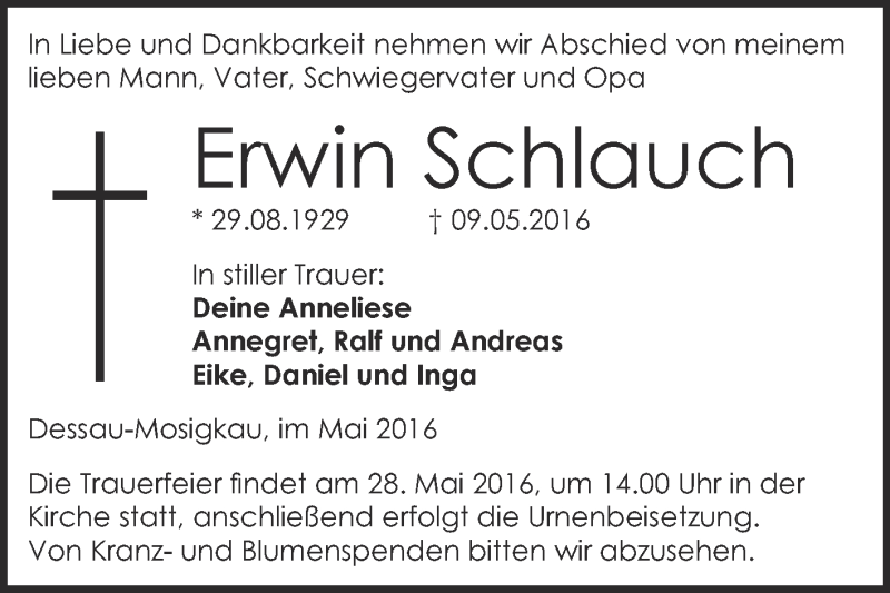  Traueranzeige für Erwin Schlauch vom 21.05.2016 aus WVG - Wochenspiegel Dessau / Köthen