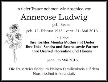 Traueranzeige von Annerose Ludwig von Mitteldeutsche Zeitung Weißenfels