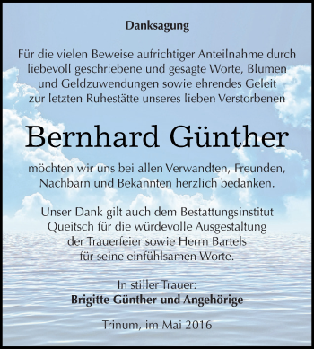 Traueranzeige von Bernhard Günther von WVG - Wochenspiegel Dessau / Köthen