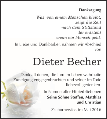 Traueranzeige von Dieter Becher von WVG - Wochenspiegel Wittenberg