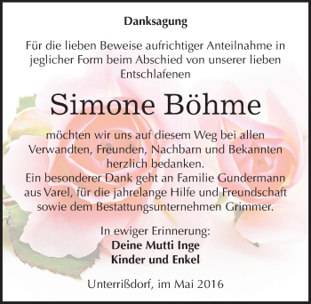 Traueranzeige von Simone Böhme von Mitteldeutsche Zeitung Mansfelder Land