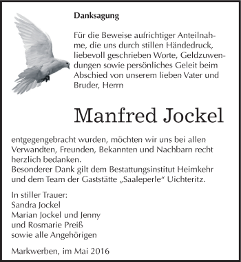 Traueranzeige von Manfred Jockel von Mitteldeutsche Zeitung Weißenfels
