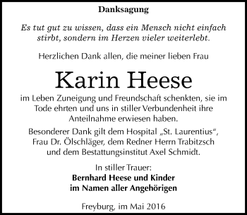 Traueranzeige von Karin Heese von Mitteldeutsche Zeitung Naumburg/Nebra