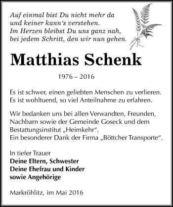 Traueranzeige von Matthias Schenk von Mitteldeutsche Zeitung Weißenfels