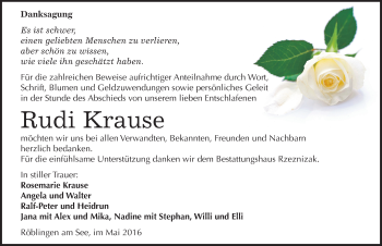 Traueranzeige von Rudi Krause von Mitteldeutsche Zeitung Mansfelder Land