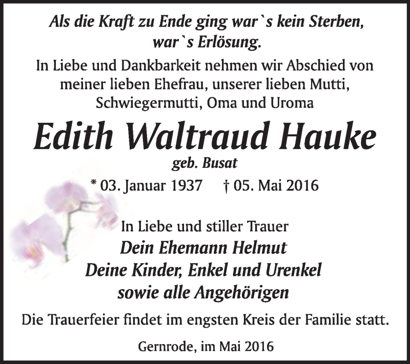  Traueranzeige für Edith Waltraud Hauke vom 14.05.2016 aus WVG - Wochenspiegel Quedlinburg