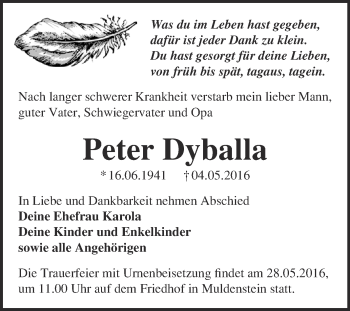 Traueranzeige von Peter Dyballa von WVG - Wochenspiegel Bitterfeld