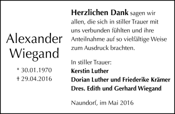Traueranzeige von Alexander Wiegand von Mitteldeutsche Zeitung Halle/Saalkreis