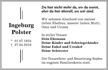 Traueranzeige von Ingeburg Polster von Mitteldeutsche Zeitung Dessau-Roßlau