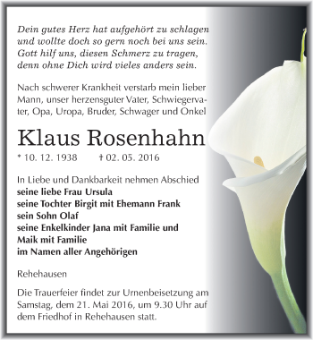 Traueranzeige von Klaus Rosenhahn von Mitteldeutsche Zeitung Naumburg/Nebra