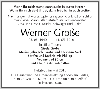 Traueranzeige von Werner Große von Super Sonntag SGH Mansf. Land