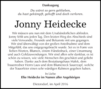 Traueranzeige von Jonny Heidecke von WVG - Wochenspiegel SGH