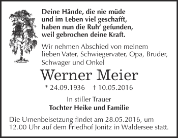 Traueranzeige von Werner Meier von WVG - Wochenspiegel Dessau / Köthen