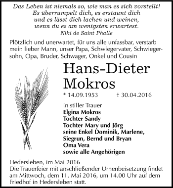 Traueranzeige von Hans-Dieter Mokros von Mitteldeutsche Zeitung Quedlinburg