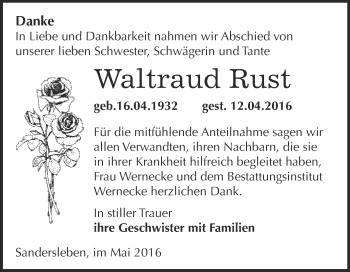Traueranzeige von Waltraud Rust von Wochenspiegel Mansfelder Land