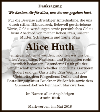 Traueranzeige von Alice Huth von WVG - Wochenspiegel NMB / WSF / ZTZ