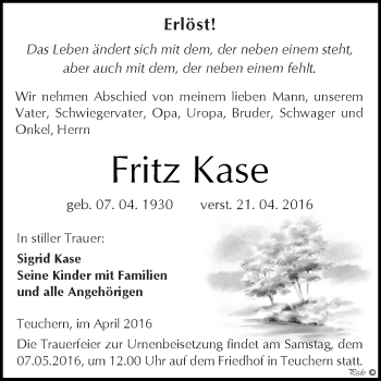 Traueranzeige von Fritz Kase von WVG - Wochenspiegel NMB / WSF / ZTZ