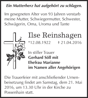 Traueranzeige von Ilse Reinshagen von WVG - Wochenspiegel NMB / WSF / ZTZ