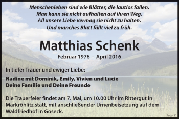 Traueranzeige von Matthias Schenk von WVG - Wochenspiegel NMB / WSF / ZTZ