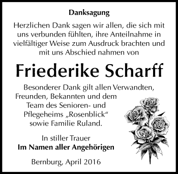 Traueranzeige von Friederike Scharff von Mitteldeutsche Zeitung Bernburg