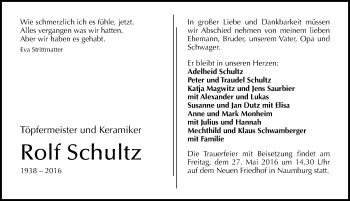 Traueranzeige von Rolf Schultz von Mitteldeutsche Zeitung Naumburg/Nebra