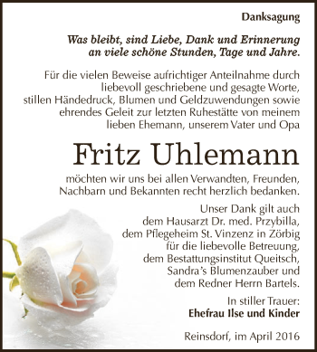 Traueranzeige von Fritz Uhlemann von WVG - Wochenspiegel Dessau / Köthen