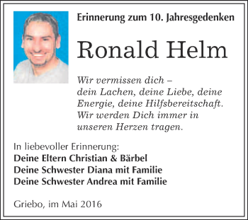 Traueranzeige von Ronald Helm von Super Sonntag Wittenberg