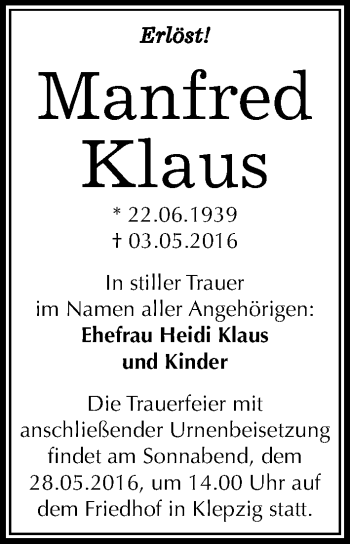 Traueranzeige von Manfred Klaus von Mitteldeutsche Zeitung Halle/Saalkreis