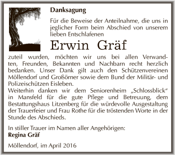 Traueranzeige von Erwin Gräf von Wochenspiegel Mansfelder Land