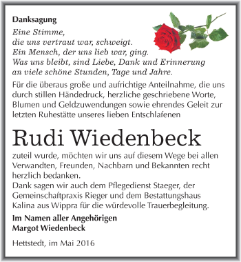 Traueranzeige von Rudi Wiedenbeck von Mitteldeutsche Zeitung Mansfelder Land