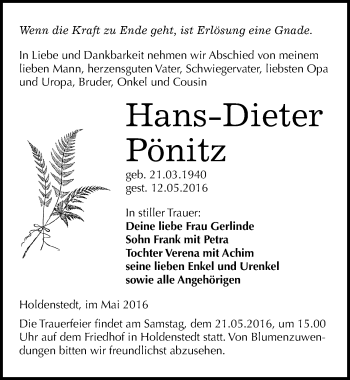 Traueranzeige von Hans-Dieter Pönitz von Mitteldeutsche Zeitung Sangerhausen