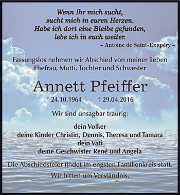Traueranzeige von Annett Pfeiffer von Mitteldeutsche Zeitung Dessau-Roßlau