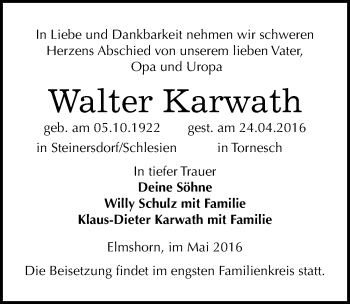 Traueranzeige von Walter Karwath von Mitteldeutsche Zeitung Wittenberg