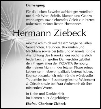 Traueranzeige von Hermann Ziebeck von Mitteldeutsche Zeitung Bernburg