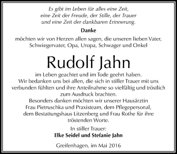 Traueranzeige von Rudolf Jahn von Mitteldeutsche Zeitung Mansfelder Land