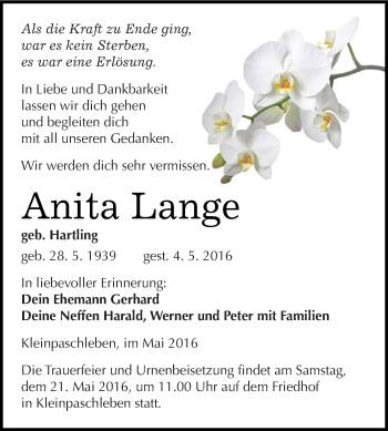 Traueranzeige von Anita Lange von WVG - Wochenspiegel Dessau / Köthen